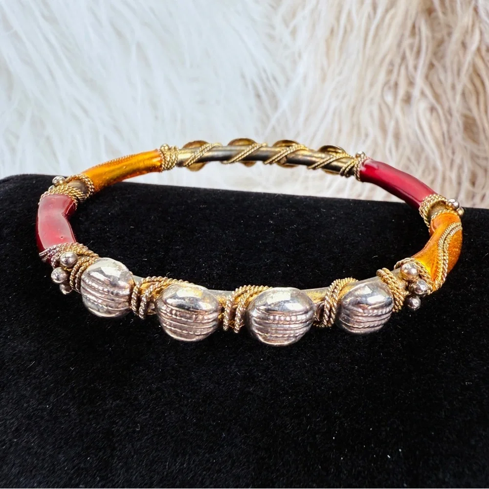 Vintage aged Goldtone and Red Bangle Bracelet